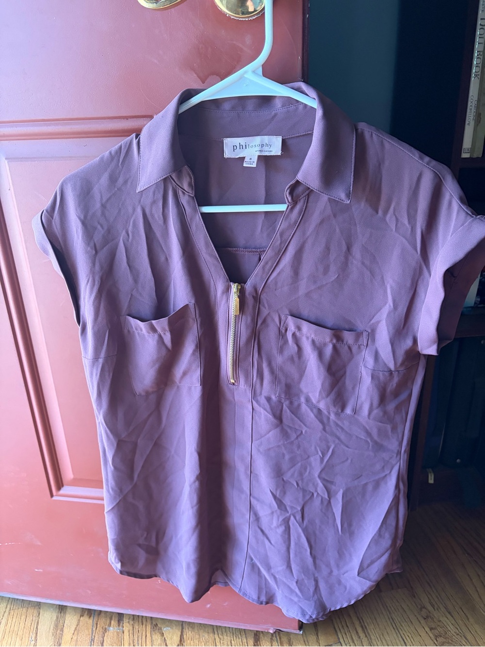 Philosophy mauve zip-front short sleeve blouse